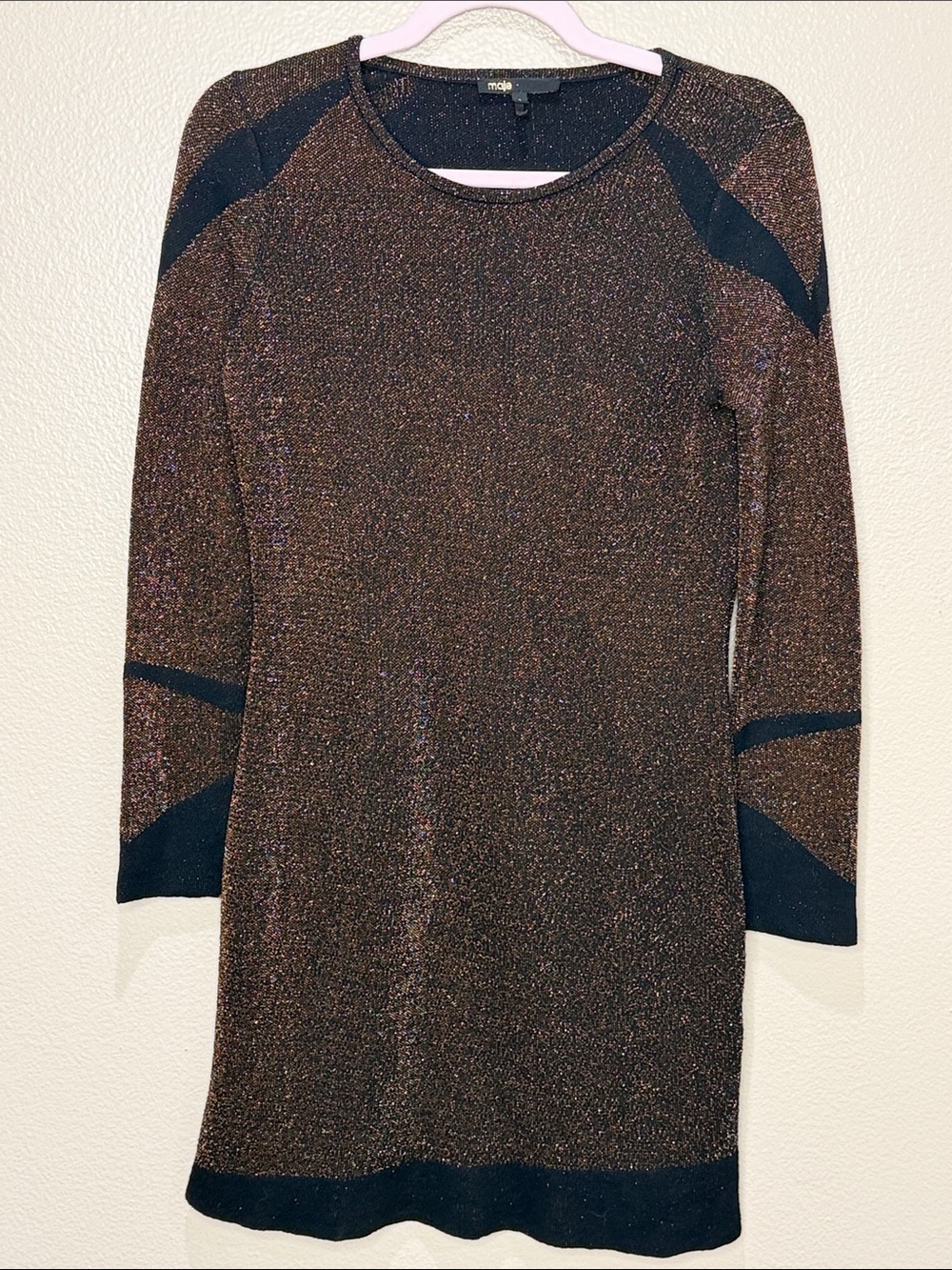 Maje Bronze Metallic Knit Long-Sleeve Mini Sweater Dress